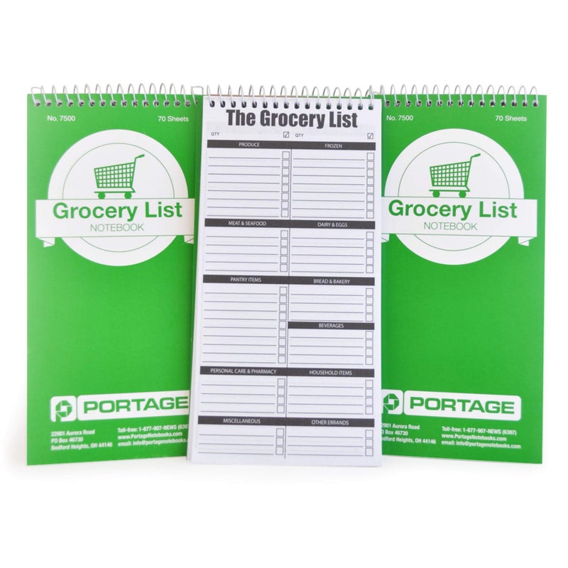 Portage Grocery List Notepad â€“ Spiral Top Shopping List Pad with Lined Paper & Checklist for Shopping, 4 x 8 Inches, 140 Pages, 70 Sheets (Pack of 3) - Image 1